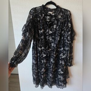 Cato Black and White Floral Butterfly Tie-Neck Dress